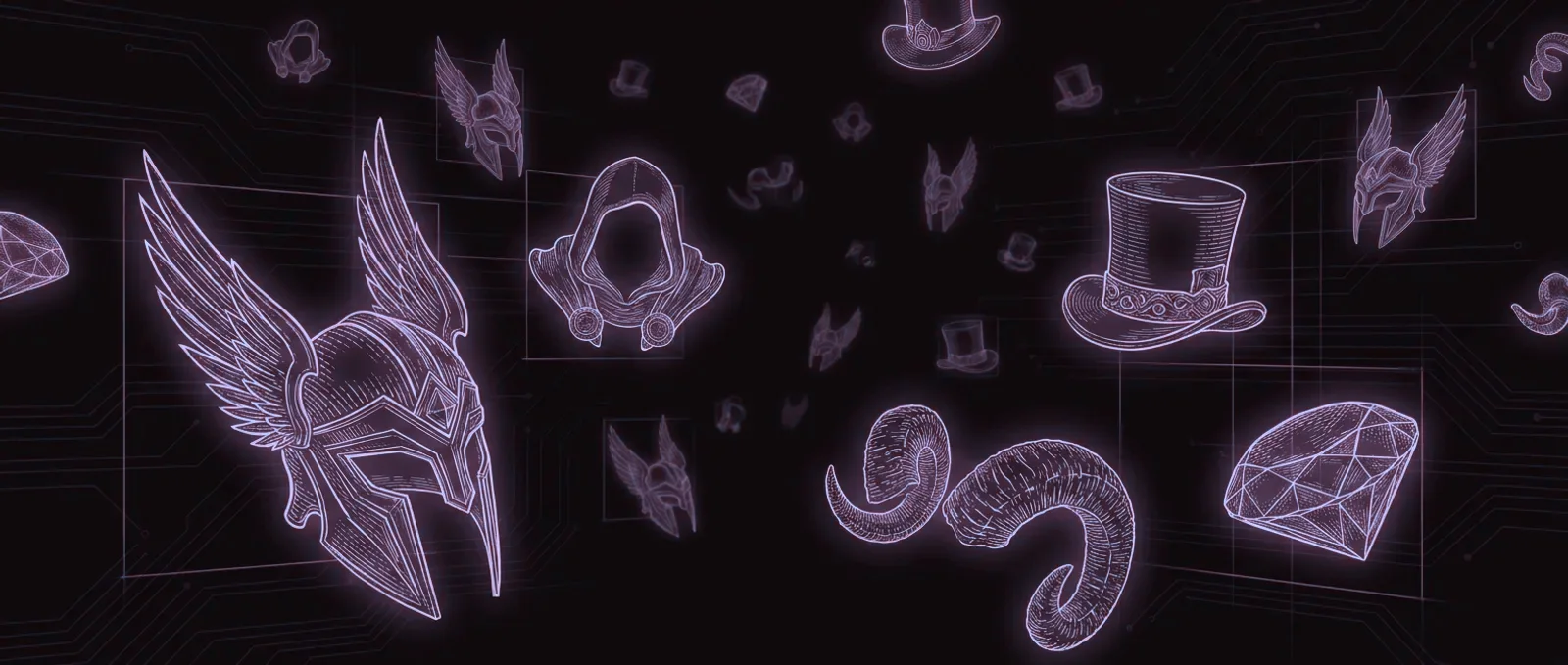 Engraved illustrations of limiteds — winged helmets, hooded cloaks, top hats, horns and gems